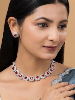 Teejh - Celeste Silver Plated Red Stone Necklace Set