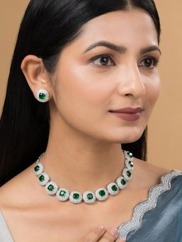 Teejh - Celeste Silver Plated Green Stone Necklace Set