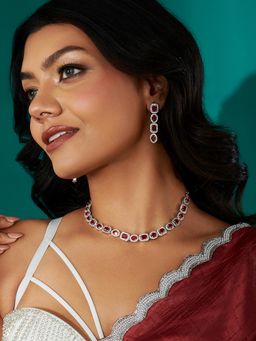 Teejh - Elysia Silver Plated Red CZ Stone Necklace Set