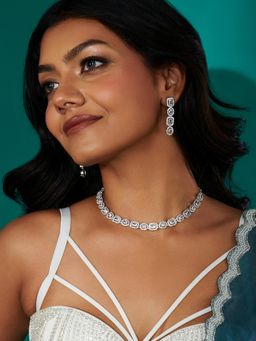 Teejh - Elysia Silver Plated White Stone Necklace Set