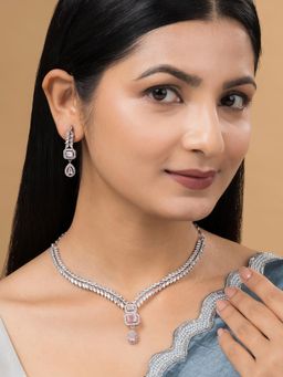 Teejh - Sparki Silver Plated Pink Stone Necklace Set