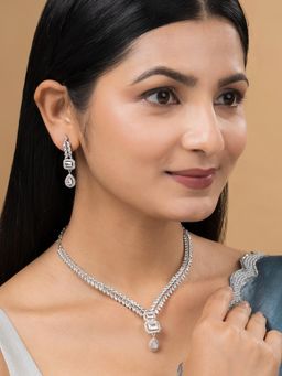 Teejh - Sparki Silver Plated White Stone Necklace Set