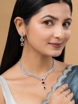 Teejh - Sparki Silver Plated Red Stone Necklace Set