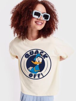 Bewakoof - Official Disney Women's White Donald Quack Off Graphic Printed Oversized T-shirt