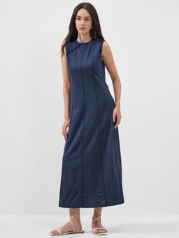 TOKYO TALKIES - Women's Navy Blue Front Round Neckline with Tie -Up Sleeveless Dress