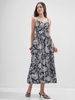 TOKYO TALKIES - Women's Black Floral Print Shoulder Straps Solid Dress