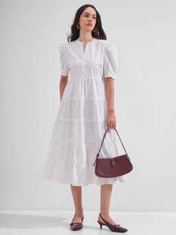 TOKYO TALKIES - Women's White Fit and Flared Tiered Midi Dress