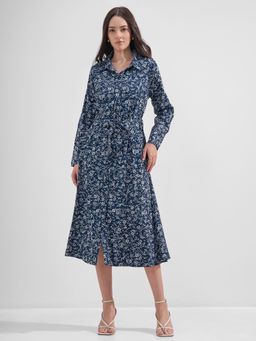 TOKYO TALKIES - Women's Blue Floral Print Shirt Dress with Belt