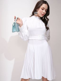 TOKYO TALKIES - Women's White Solid Full Sleeves Dress with Belt