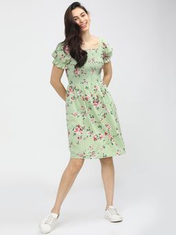 TOKYO TALKIES - Women's Green Floral Print A-Line Dress