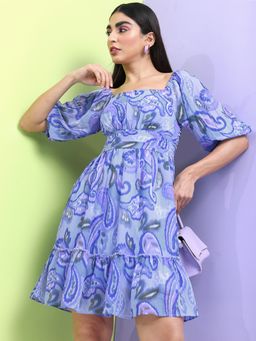TOKYO TALKIES - Women's Blue Printed Fit and Flared Dress