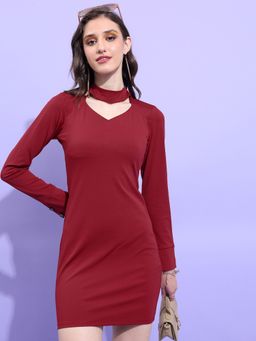 TOKYO TALKIES - Women's Maroon Solid Full Sleeve Cut-Out Sheath Dress