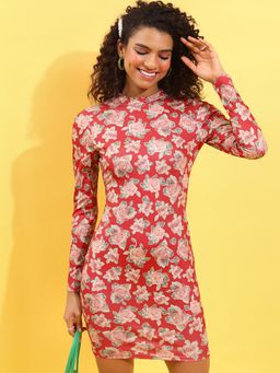 TOKYO TALKIES - Women's Red Floral Printed Bodycon Mini Dress