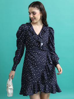 TOKYO TALKIES - Women's Navy Blue Floral Print Full Sleeve Mini Dress