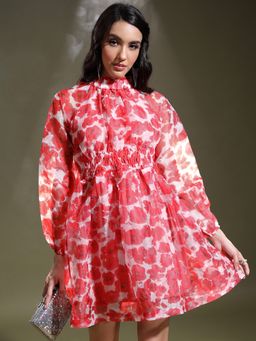 TOKYO TALKIES - Women's Red Short High Neck Ruffle Fit & Flare Dress