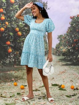 TOKYO TALKIES - Women's Blue Floral Printed Fit and Flare Dress