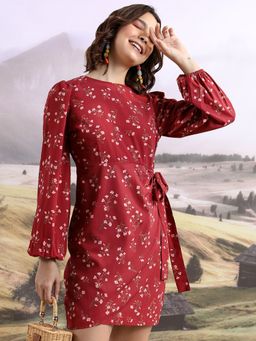 TOKYO TALKIES - Women's Maroon Floral Printed Full Sleeve Sheath Dress