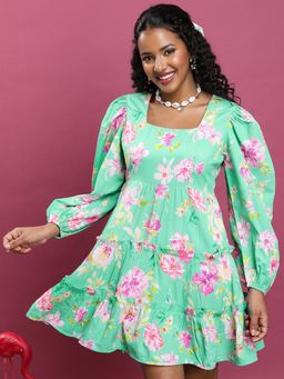 TOKYO TALKIES - Women's Floral Printed Square Neck Tiered A-Line Dress