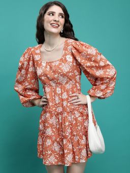 TOKYO TALKIES - Women's Rust Floral Print Fit and Flare Dress