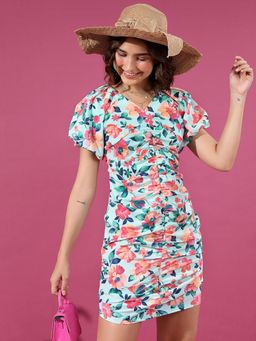 TOKYO TALKIES - Women's Floral Print Ruched Sheath Dress