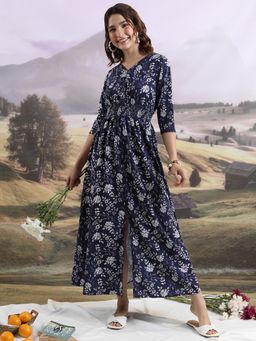 TOKYO TALKIES - Women's Navy Blue Floral Print Smocked Dress