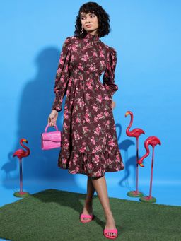 TOKYO TALKIES - Women's Brown Floral Printed Fit and Flare Dress