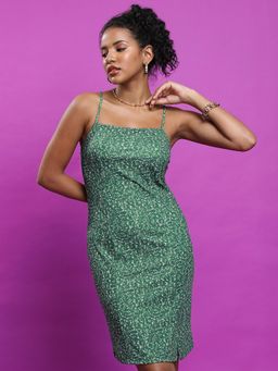 TOKYO TALKIES - Women's Green Floral Print Shoulder Straps Dress