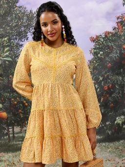 TOKYO TALKIES - Women's Yellow Floral Printed Tiered Fit and Flare Dress