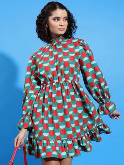 TOKYO TALKIES - Women's Green Printed Cuffed Sleeve Fit & Flare Dress