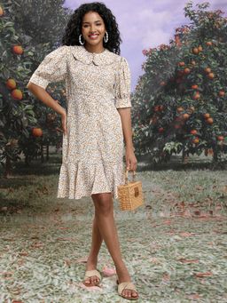 TOKYO TALKIES - Women's White Floral Printed Peter Pan Collar Dress
