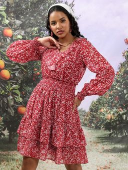TOKYO TALKIES - Women's Maroon Floral Printed Layered Fit & Flare Dress