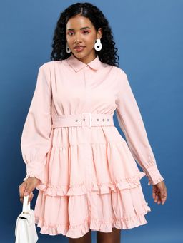 TOKYO TALKIES - Women's Pink Shirt Collar Gathered Fit &Flare Dress with Belt