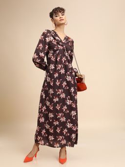 TOKYO TALKIES - Women's Brown Floral Printed Twisted Maxi Dress