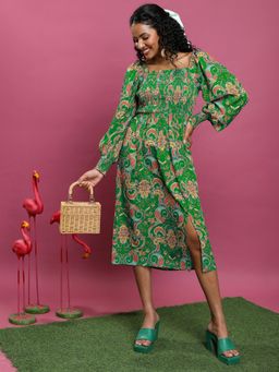 TOKYO TALKIES - Women's Green Printed Smocked A-Line Dress