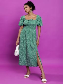 TOKYO TALKIES - Women's Green Floral Printed Side Slit Smocked A-Line Dress
