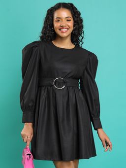 TOKYO TALKIES - Women's Black Solid Full Sleeve Fit & Flare Dress with Belt
