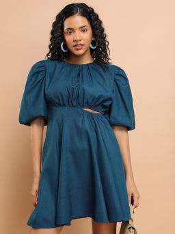 TOKYO TALKIES - Women's Teal Round Neck Cut-Outs A-Line Dress