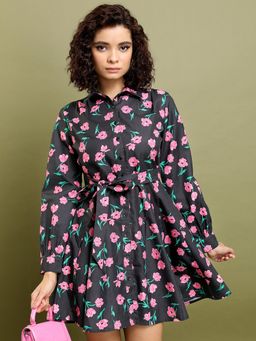 TOKYO TALKIES - Women's Black Floral Printed Shirt Dress with Belt