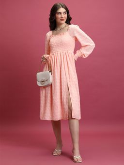 TOKYO TALKIES - Women's Peach Self Design Square Neck A-Line Midi Dress