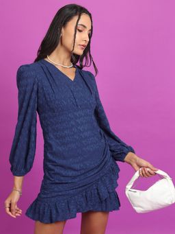 TOKYO TALKIES - Women's Navy Blue Self Design Full Sleeves Wrap Mini Dress