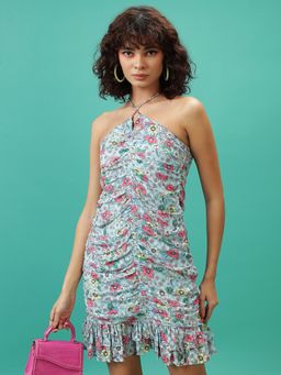 TOKYO TALKIES - Women's Blue Floral Print Halter Neck Mini Dress