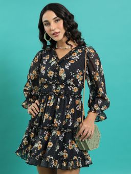 TOKYO TALKIES - Women's Black Floral Print V-Neck Fit and Flare Dress