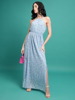 TOKYO TALKIES - Women's Blue Floral Print Halter Neck Maxi Dress