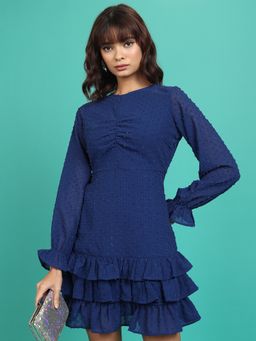 TOKYO TALKIES - Women's Navy Blue Self Design Full Sleeves Dress