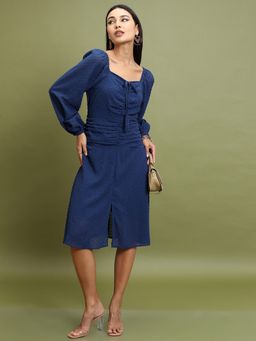 TOKYO TALKIES - Women's Navy Blue Self Design Sweetheart Neck A-Line Dress