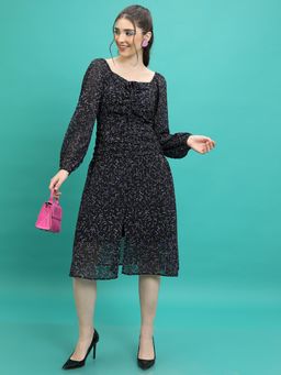 TOKYO TALKIES - Women's Black Floral Printed A-Line Midi Dress