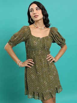 TOKYO TALKIES - Women's Olive Floral Print Fit and Flare Mini Dress