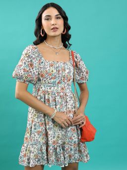 TOKYO TALKIES - Women's White Floral Print Fit and Flare Dress