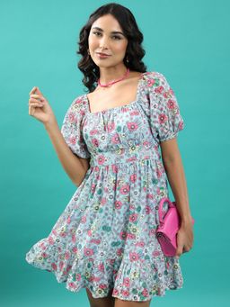 TOKYO TALKIES - Women's Blue Floral Print Fit and Flare Dress