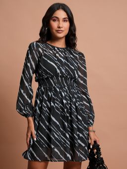 TOKYO TALKIES - Women's Blue Stripes Smocked Fit and Flare Dress